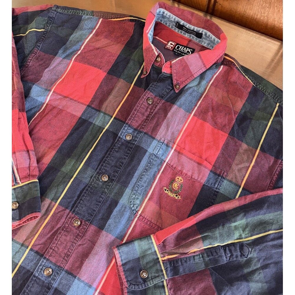 VTG 90s‎ Chaps Ralph Lauren Button Down Mens Large Tartan Plaid Red Denim Crest